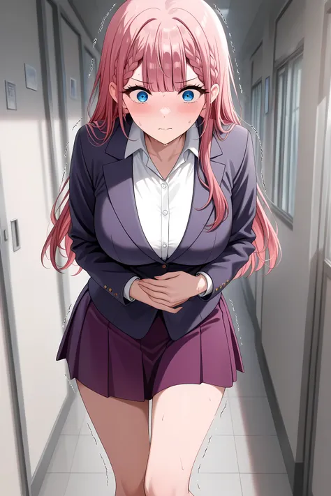 <lora:mafuyu-kirisu-s2-ponyxl-lora-nochekaiser:1>, mafuyu kirisu, blue eyes, braid, long hair,  pink hair, large breasts,,long sleeves, purple skirt, shirt, skirt, suit jacket, white shirt, blazer, solo, general, masterpiece, highres, ultra-detailed, hyper...