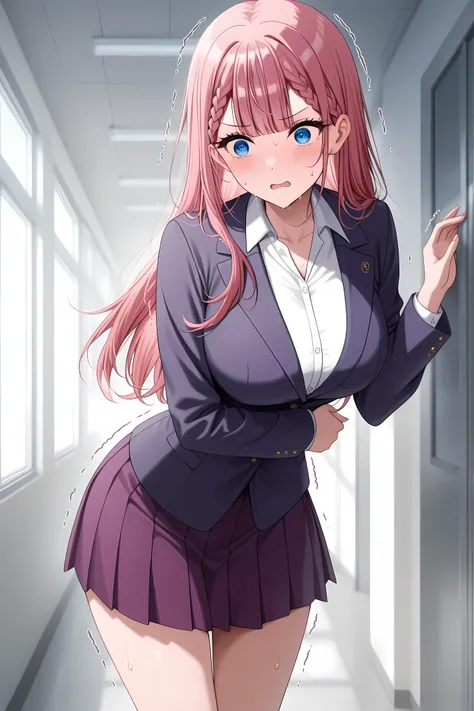 <lora:mafuyu-kirisu-s2-ponyxl-lora-nochekaiser:1>, mafuyu kirisu, blue eyes, braid, long hair,  pink hair, large breasts,,long sleeves, purple skirt, shirt, skirt, suit jacket, white shirt, blazer, solo, general, masterpiece, highres, ultra-detailed, hyper...