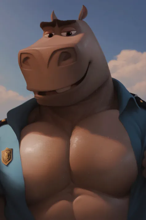 An anthropomorphic anthropomorphic gray furred muscle hippo wearing a police suit removing his shirt to reveal his muscular, hairy chest. sweaty, sun,
