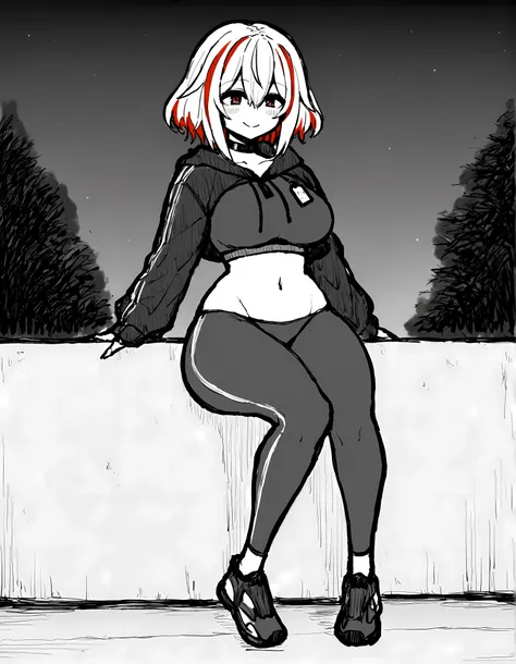 ((Masterpiece,8k,detailed,best quality),1female,perfect face,(cute face),breasts,wide hips,big thighs,pretty eyes,choker,red eyes, between eyes ,Roon, standing, blonde_hair, short_hair, streaked_hair, smile,bob hair, bangs,black sport sport leggings,croppe...