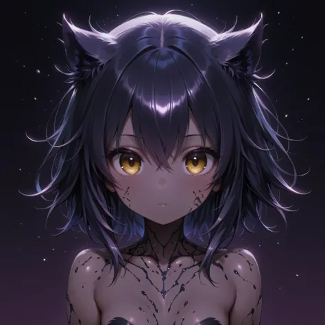 petite girl, (dark purple,short,Feathery hair), big golden eyes, slender body