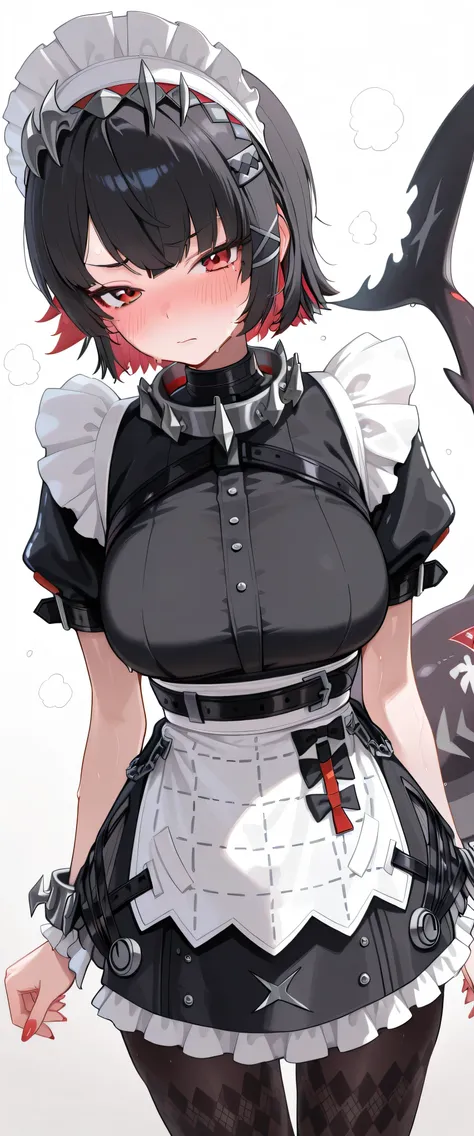 ellen_joe, 1girl, solo, red eyes, hot, steaming, steaming body, sweat, sweating, sweaty, sweaty body, wet, wet body, dripping, dripping sweat, blushing, embarrassed, nervous, closed mouth, (((white background))), looking at viewer, cowboy shot, dynamic pos...