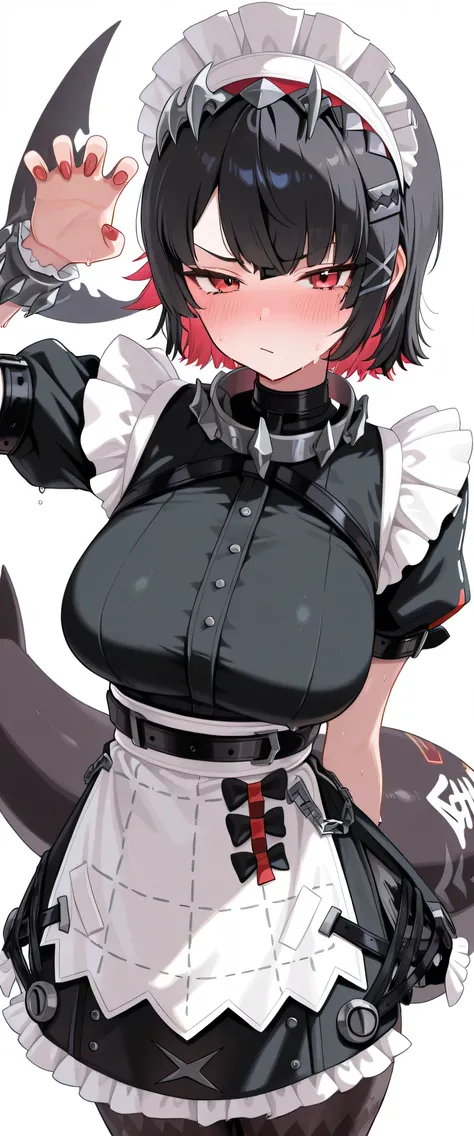 ellen_joe, 1girl, solo, red eyes, hot, steaming, steaming body, sweat, sweating, sweaty, sweaty body, wet, wet body, dripping, dripping sweat, blushing, embarrassed, nervous, annoyed, closed mouth, (((white background))), looking at viewer, cowboy shot, ha...