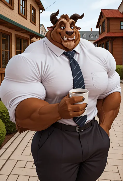 masterpiece, best quality, amazing quality, high quality, semi realistic, furry, 1boy, beast(Disney), brown body, huge muscle, detailed background, solo, Upper view, Upper body view, black dress pants, white dress shirt, nice angle, american neighborhood, ...