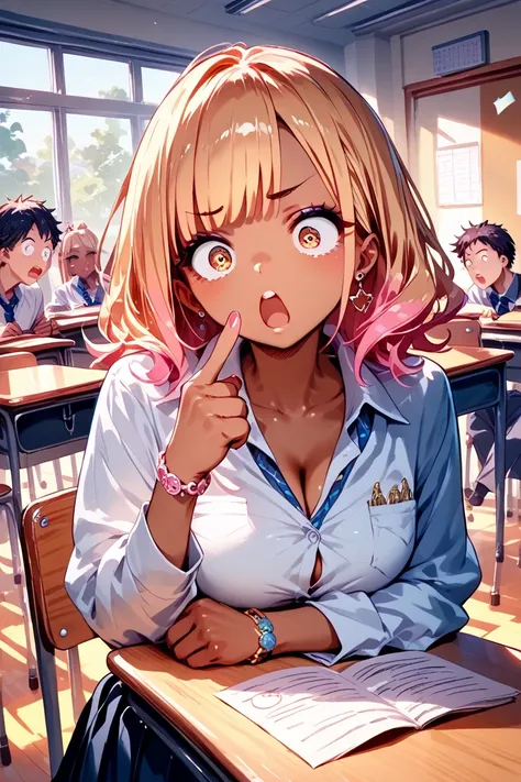 a high school gyaru, single finger pointing, pointing at self, surprised expression with slightly raised eyebrows and half-open mouth, tilted head, confused, sitting at desk in classroom, visible several students sitting at desks behind her, 