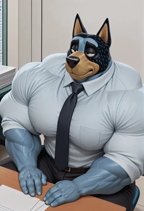masterpiece, best quality, amazing quality, high quality, semi realistic, furry, 1boy, bandit heeler, black body, blue body, huge muscle, detailed background, solo, Upper view, Upper body view, black dress pants, white dress shirt, nice angle, office, sitt...