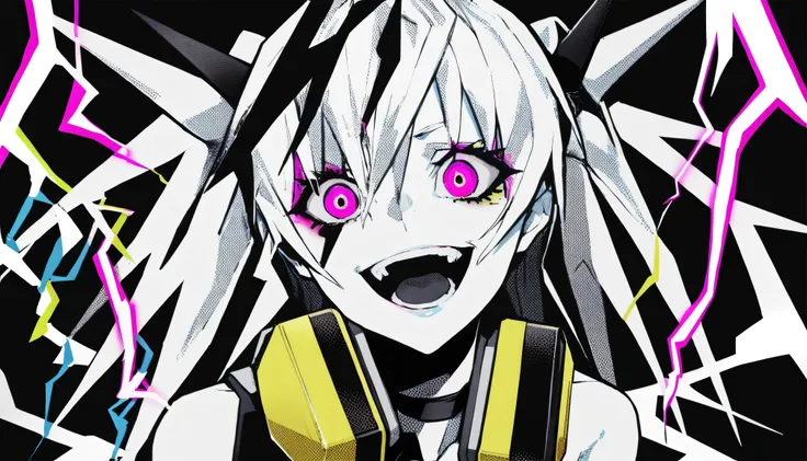 ((The background is a chaotic near-future))、masterpiece, Highest Quality, ((1 girl:The arrangement is centered)), ((The background is colored lightning))、Spikes, ((solo)), headphones , Crazy smile, , spiked Color, Illness, monochrome, 色つきのheadphones aroun...