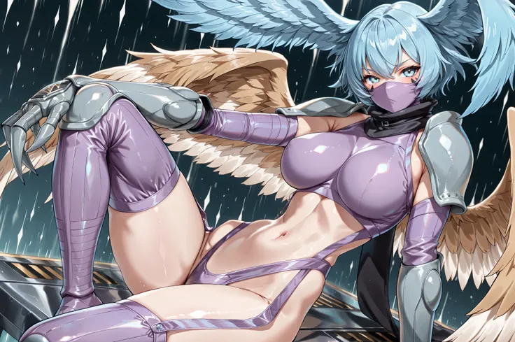 (masterpiece, detailed:1.2)、solo、knee up、arm support、(shutumon 、白い肌、crop top, Thong 、purple ninja mask,腹出しスタイル:1.5、裸のお腹:1.5 、black scarf, purple garter straps, vambraces, pauldrons, claws, talons,青い瞳、blue hair、パープルパンティー、パープルガーターストラップ、腹筋、アニメ着色:1.5、フルボディ、sup...