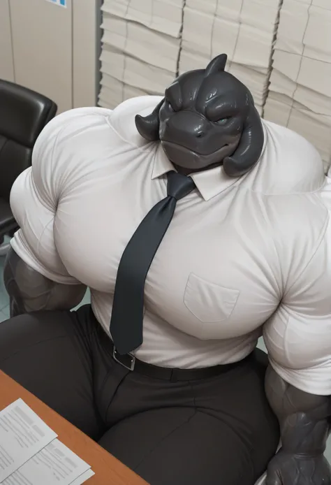 masterpiece, best quality, amazing quality, high quality, semi realistic, furry, 1boy, gantu, black body, huge muscle, detailed background, solo, Upper view, Upper body view, black dress pants, white dress shirt, nice angle, office, sitting, desk, papers o...