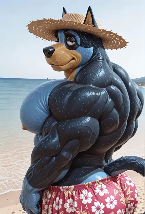 masterpiece, best quality, amazing quality, high quality, semi realistic, furry, 1boy, bandit heeler, blue body, black body, yellow body, huge muscle, detailed background, solo, Upper body, Upper body view, nice angle, beach, Hawaii, straw hat, hawaiian sk...