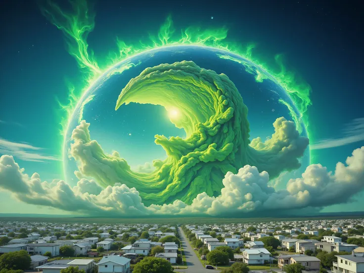 Ultra-realistic, photo-realistic, ultra-detailed, icon style, bright vibrant colors, an electric blue plasma sky with slime green clouds, and light lime green and white clouds in front of those clouds partially covering a dark green sun with tiny fragments...