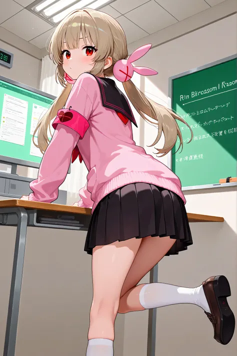 natori sana,in science room, 1girl, virtual youtuber, red eyes, light brown hair, long hair,twintails, low twintails, hair ornament, pink cardigan, black sailor collar, red neckerchief, pleated skirt, black skirt, armband, long sleeves, white socks, loafer...
