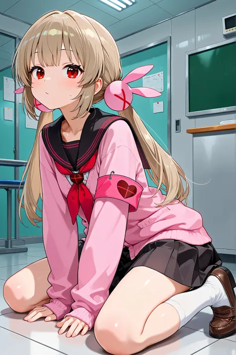 natori sana,in science room, 1girl, virtual youtuber, red eyes, light brown hair, long hair,twintails, low twintails, hair ornament, pink cardigan, black sailor collar, red neckerchief, pleated skirt, black skirt, armband, long sleeves, white socks, loafer...