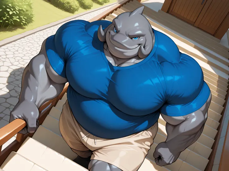 solo, chubby gantu, grey body, front view, dutch angle, blue t-shirt, beige shorts, house, walking, climbing stairs, wide shoulder, thick arms, wide pectoral, muscle, view from above, blue eyes, smile, short hair:1.2, masterpiece, semirealistic:1.2, high d...