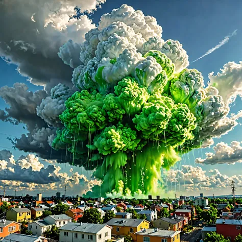 Ultra-realistic, photo-realistic, ultra-detailed, bright vibrant colors, 3D rendered realism, a neon green sky with slime green clouds, and light lime green clouds in front of those clouds partially covering a dark green sun with tiny fragments of electric...