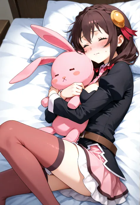 Yunyun konosuba,Shy、so embarrassed、blush、Blush、 night、Indoor、Highest Quality、The woman is hugging a pink stuffed rabbit、lying on the bed、Lie down on your side、I'm holding my knee、(The woman is kissing a pink stuffed rabbit with her eyes closed)