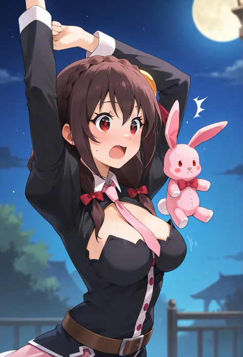 Yunyun konosuba,Crimson Eyes,is embarrassing、blush、happy、Open His Mouth、 night、Indoor、Highest Quality、The woman received a pink stuffed rabbit in her palm、Stretching her arms forward、Very surprised、side view