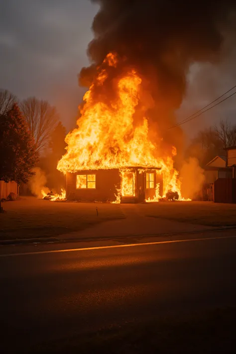 A house in a residential neighborhood is completely engulfed in flames. There are no people anywhere. Suddenly there is a great explosion, and a sky full of smoke. Realistic housefire, realistic-looking flames. Multiple views, perspectives- close up, macr...