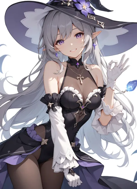 the herta \(honkai star rail\), 1girl, hat, solo, leotard, bodystocking, jewelry, frills, black leotard, witch hat, black headwear, necklace, black choker, hat flower,score_9,score_8_up,score_7_up,score_6_up, masterpiece,best quality, witch hat,purple eyes...