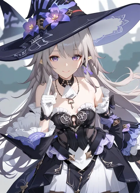 The Herta,the herta \(honkai star rail\), 1girl, hat, solo, leotard, bodystocking, jewelry, frills, black leotard, witch hat, black headwear, necklace, black choker, hat flower,score_9,score_8_up,score_7_up,score_6_up, masterpiece,best quality, witch hat,p...