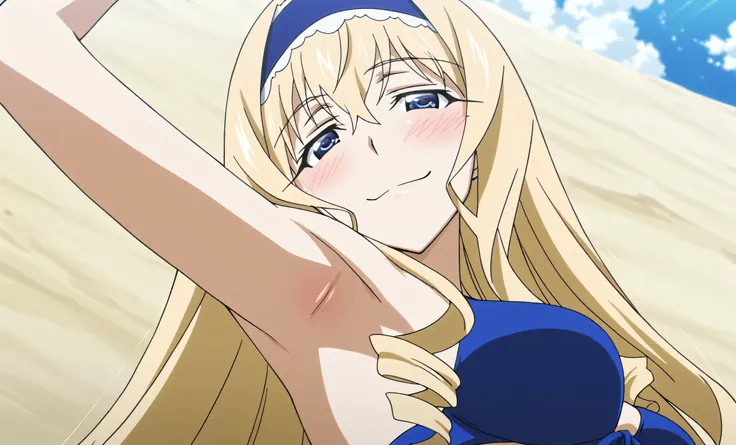 masterpiece, best quality, amazing quality, anime screencap, anime coloring, 1girl, solo, cecilia alcott, blonde hair, long hair, drill hair, blue eyes, medium breasts, blue hairband, frilled hairband, blue bikini, front-tie top, arm up, raised arm, armpit...