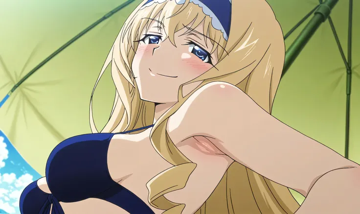 masterpiece, best quality, amazing quality, anime screencap, anime coloring, 1girl, solo, cecilia alcott, blonde hair, long hair, drill hair, blue eyes, medium breasts, blue hairband, frilled hairband, blue bikini, front-tie top, armpit, armpit focus, head...