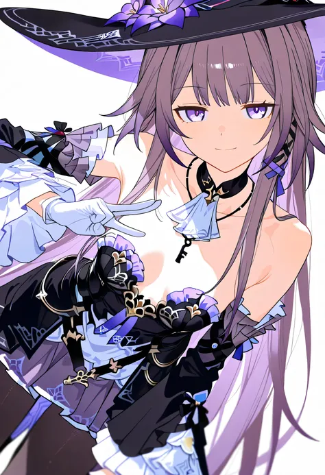 The Herta,the herta \(honkai star rail\), 1girl, hat, solo, leotard, bodystocking, jewelry, frills, black leotard, witch hat, black headwear, necklace, black choker, hat flower,score_9,score_8_up,score_7_up,score_6_up, masterpiece,best quality, witch hat,p...