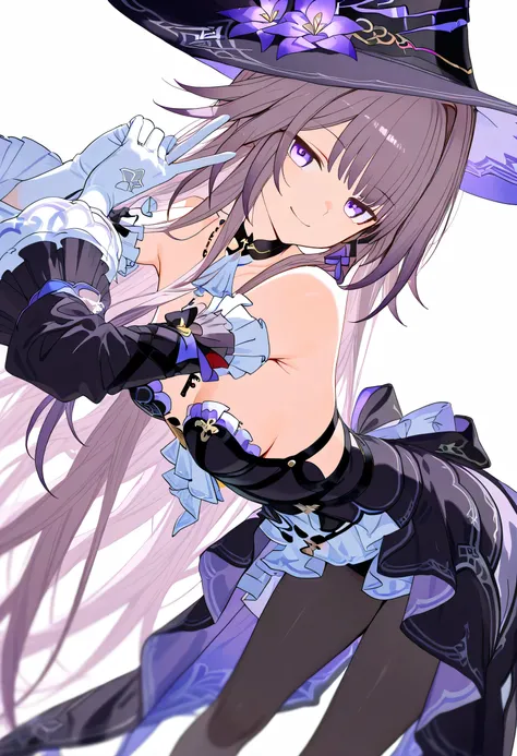 The Herta,the herta \(honkai star rail\), 1girl, hat, solo, leotard, bodystocking, jewelry, frills, black leotard, witch hat, black headwear, necklace, black choker, hat flower,score_9,score_8_up,score_7_up,score_6_up, masterpiece,best quality, witch hat,p...