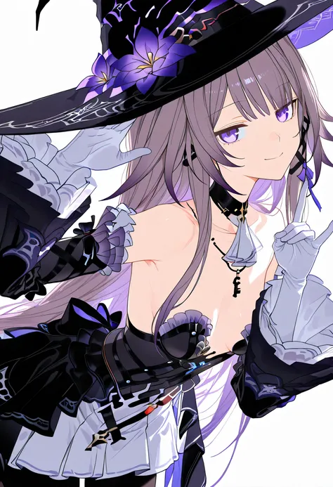 NSFW, The Herta,the herta \(honkai star rail\), 1girl, hat, solo, leotard, bodystocking, jewelry, frills, black leotard, witch hat, black headwear, necklace, black choker, hat flower,score_9,score_8_up,score_7_up,score_6_up, masterpiece,best quality, witch...