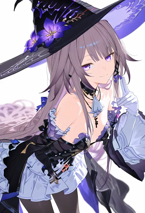 NSFW, The Herta,the herta \(honkai star rail\), 1girl, hat, solo, leotard, bodystocking, jewelry, frills, black leotard, witch hat, black headwear, necklace, black choker, hat flower,score_9,score_8_up,score_7_up,score_6_up, masterpiece,best quality, witch...