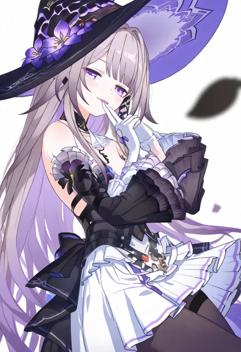 NSFW, milky hand, licking her fingers, delicious, blushing, The Herta,the herta \(honkai star rail\), 1girl, hat, solo, leotard, bodystocking, jewelry, frills, black leotard, witch hat, black headwear, necklace, black choker, hat flower,score_9,score_8_up,...