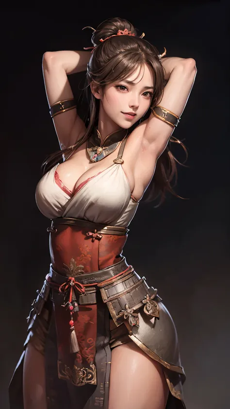 cowboy shot、Highest Quality, Ultra High Def 、 beautiful beautiful woman 、simple background、smile、8k、perfection,   shiny skin,  Pose , beautiful models in an old village,  armpit,  Art , Ancient Chinese Breastplate,  cute faces getting creampied ,   young w...