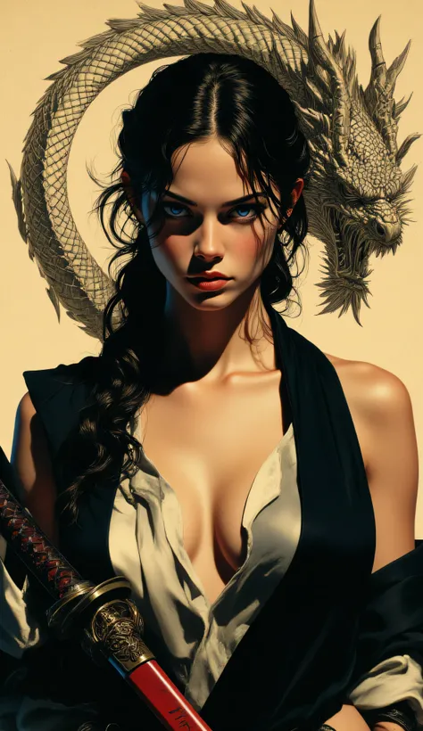 Portrait of a Samurai Woman, intense and penetrating expression, vivid blue eyes, long flowing black hair. She wears a light sleevesless and open kimono in black. She holds a katana with a red hilt resting in the middle of her breasts, the tip pointing dow...