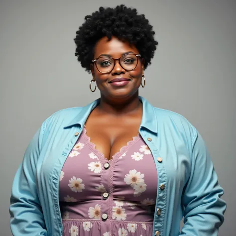 A realistic, high resolution photograph of a beautiful African-American woman in her 40's; full body frontal view facing the camera with her arms at her side, looking at the camera. There is extra space in the photo above her head. She has an curvy, plus s...