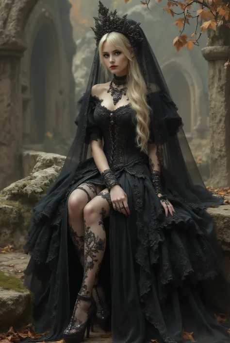 (detailed photorealistic portrait:1.3) of a stunning young woman, blonde hair, seductive gaze, (wearing an elaborate gothic bridal gown:1.2), black lace corset, off-shoulder sleeves, sheer lace tights with floral patterns, voluminous tiered black ruffled s...