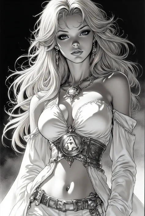 Subject/Composition:
Black and white (monochrome), ultra-detailed, cinematic portrait of:
Un disegno a matita altamente dettagliato e fotorealistico (o ritratto in bianco e nero) di una donna elfica sensuale e regale. Ha lunghi capelli biondi ondulati e f...
