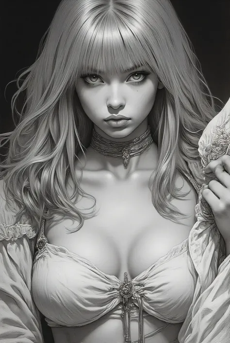 Subject/Composition:
Black and white (monochrome), ultra-detailed, cinematic portrait of:
Un disegno a matita altamente dettagliato e fotorealistico (o ritratto in bianco e nero) di una donna sensuale e selvaggia. Ha lunghi capelli biondi ondulati e fluen...