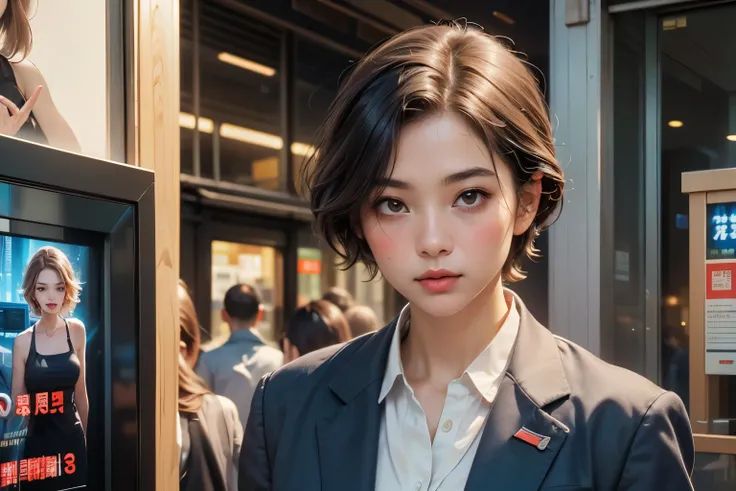 410 (18 year old woman,business suit)),(46 year old man,business suit),(short hair),(shortcuts with armbands),(Neat hair),(super high image quality with rice bowl),(( Tokyo ,business district)), ((DIGITAL SIGNAGE FOR SHOP ADVERTISEMENT)), (To investigate t...