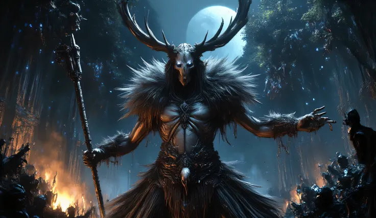 A creepy Druid elf in a savage costume. He's wearing a gray wolf shura and a deer skull with big horns on his head. His eyes are glowing with blue light. He's holding a large staff decorated with feathers, bones, and beads. He's dancing near a bonfire that...