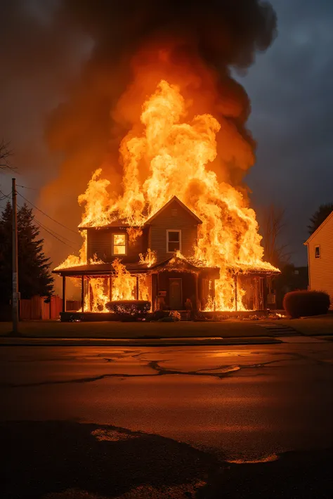 A large two-story 5 bedroom home in a residential neighborhood is completely engulfed in flames. There are no people anywhere. Suddenly there is a great explosion, and a sky full of smoke. Realistic housefire, realistic-looking flames. Multiple views, per...