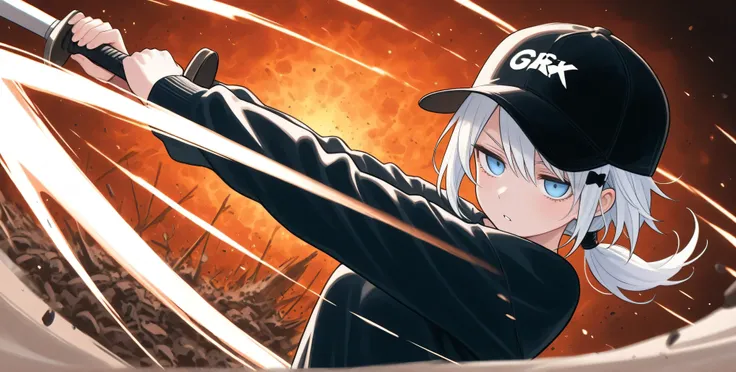 stylized wind and fire swirls, ,explosive motion lines, ,flowing elemental energy, ,、High Quality、、 Boyish Girl、motion blur effect 、 Black Hat 、hair accessories、low ponytail、stupid hair、Sweatshirt 、solo、、 casual white punk rock wear、World in Ruins、4K、8...