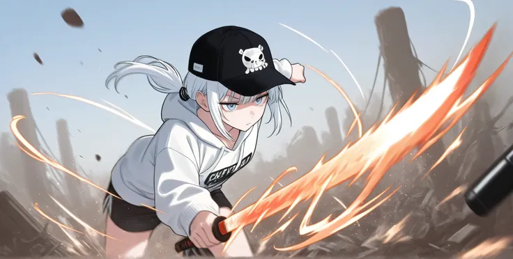 stylized wind and fire swirls, ,explosive motion lines, ,flowing elemental energy, ,、High Quality、、 Boyish Girl、motion blur effect 、 Black Hat 、hair accessories、low ponytail、stupid hair、Sweatshirt 、solo、、 casual white punk rock wear、World in Ruins、4K、8...