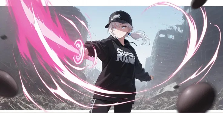 stylized wind and fire swirls, ,explosive motion lines, ,flowing elemental energy, ,、High Quality、、 Boyish Girl、motion blur effect 、 Black Hat 、hair accessories、low ponytail、stupid hair、Sweatshirt 、solo、、 casual white punk rock wear、World in Ruins、4K、8...