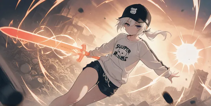 EyesHD,explosive motion lines, ,stylized wind and fire swirls, ,、High Quality、、 Boyish Girl、motion blur effect 、 Black Hat 、hair accessories、low ponytail、stupid hair、Sweatshirt 、solo、shorts、 casual white punk rock wear、World in Ruins、4K、8k、very detaile...