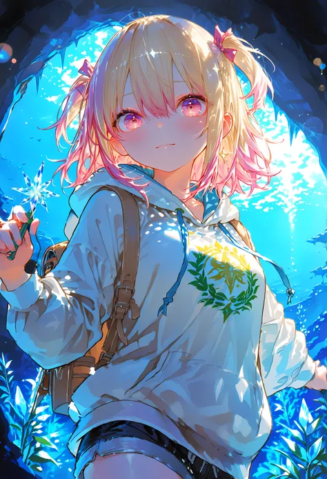 A girl who goes on an adventure in a huge underground cave in search of sparkling ores、cowboy shot、slender body、serious expression、Attitudes Like Leading Explorers、Bright Ore Shining in the Dark、A fantastic underground lake、 Chokehole、Stalagmite 、Beautiful...