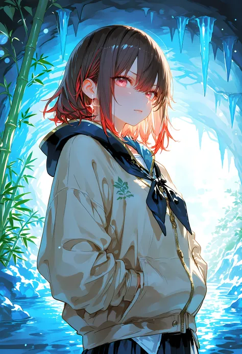 A girl who goes on an adventure in a huge underground cave in search of sparkling ores、cowboy shot、slender body、serious expression、Attitudes Like Leading Explorers、Bright Ore Shining in the Dark、A fantastic underground lake、 Chokehole、Stalagmite 、Beautiful...