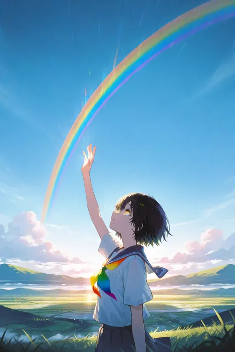 a landscape with a rainbow after the rain,outside,look up at a clear sky,create a bright image that makes you feel a new beginning, black short hair, yellow eyes, summer unifrom, highschool uniform, One hand stretched out to the sky