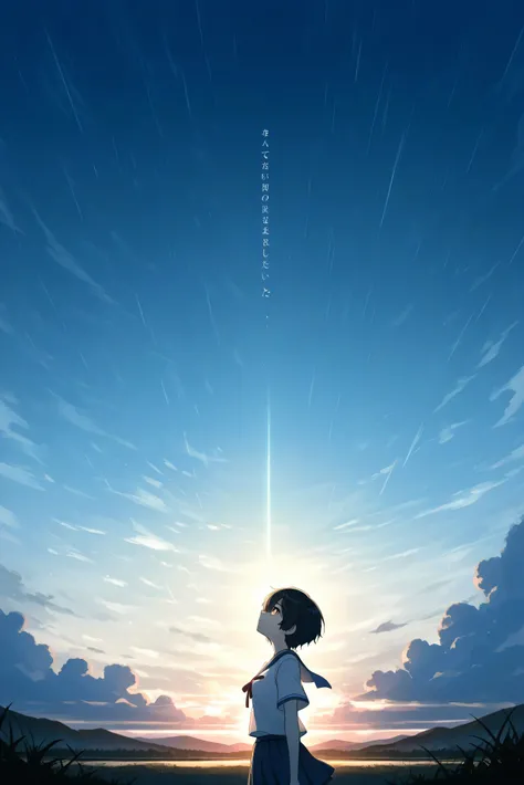 a landscape after the rain,outside,look up at a clear sky,create a bright image that makes you feel a new beginning, black short hair, yellow eyes, summer unifrom, highschool uniform, One hand stretched out to the sky