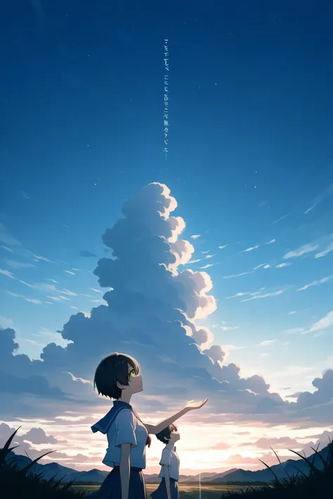 a landscape after the rain,outside,look up at a clear sky,create a bright image that makes you feel a new beginning, black short hair, yellow eyes, summer unifrom, highschool uniform, One hand stretched out to the sky