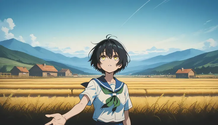 a landscape after the rain, countryside, outside,look up at a clear sky,create a bright image that makes you feel a new beginning, black short hair, yellow eyes, summer unifrom, highschool uniform, One hand stretched out to the sky